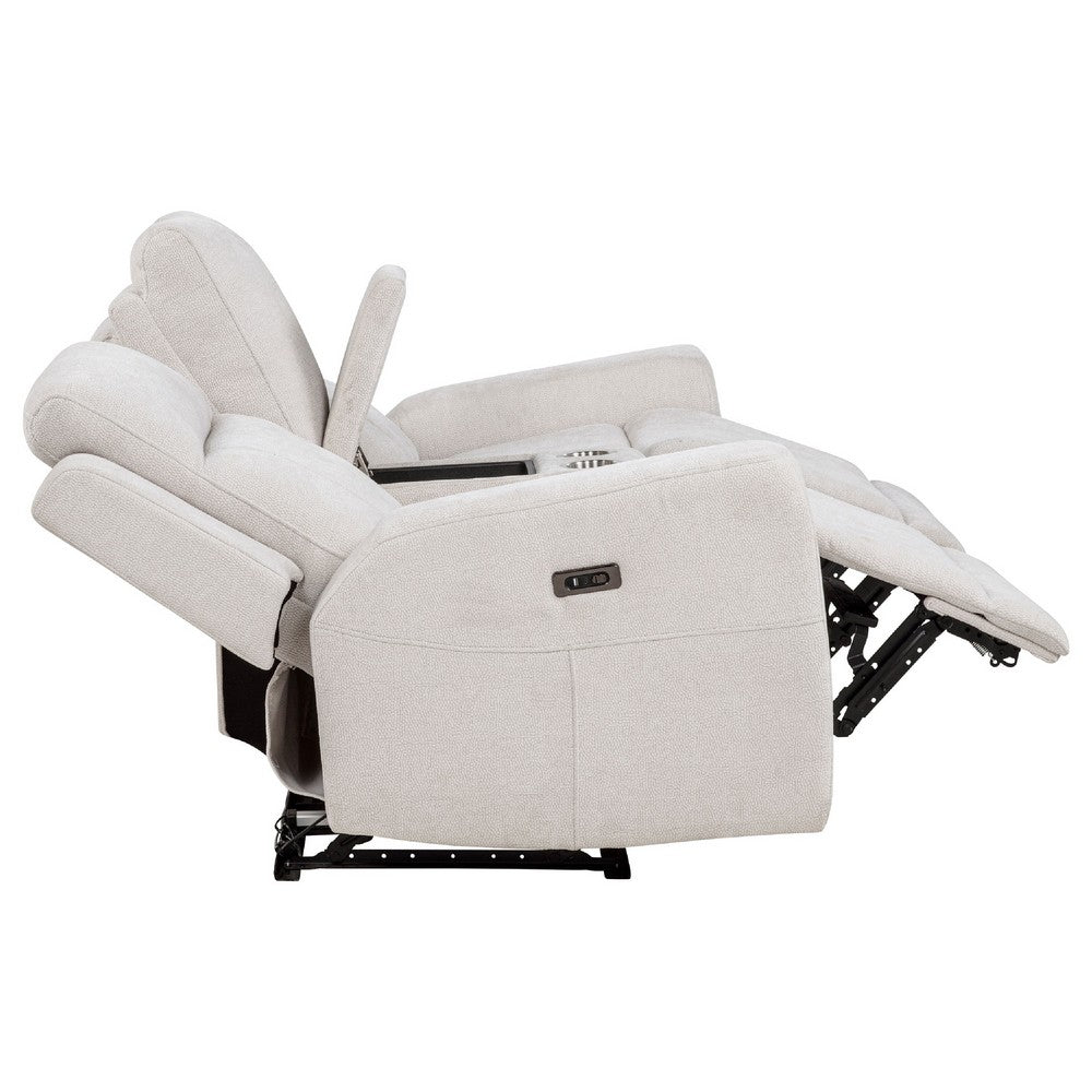Kenie Power Reclining Loveseat with Console | Ivory Chenille Fabric