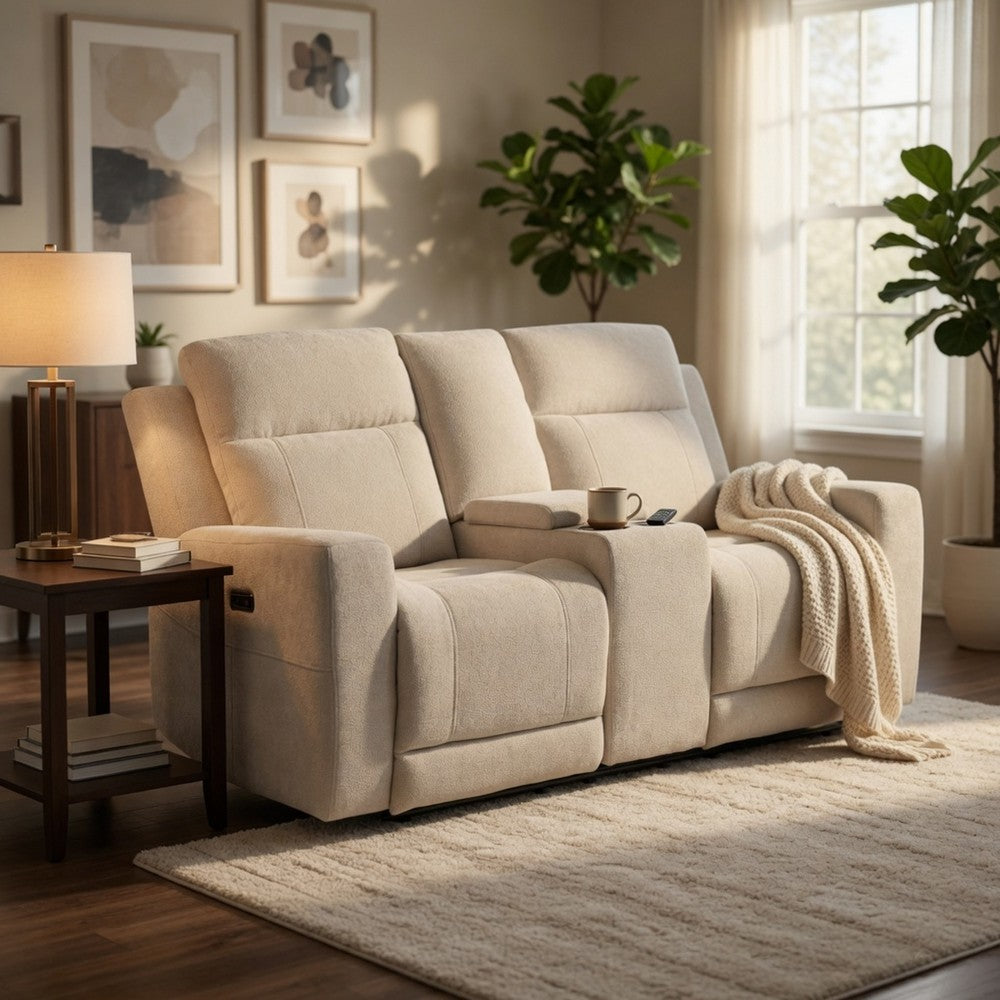 Kenie Power Reclining Loveseat with Console | Ivory Chenille Fabric