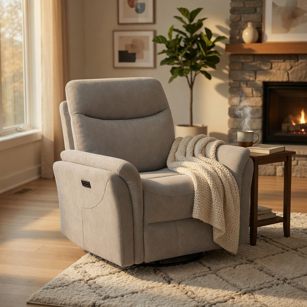 Asley Swivel Power Glider Recliner Chair with USB Ports | Ivory Fabric