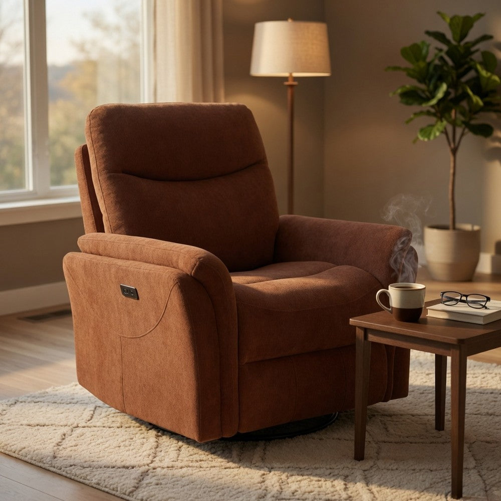 Asley Swivel Power Glider Recliner Chair with USB Ports | Brown Fabric