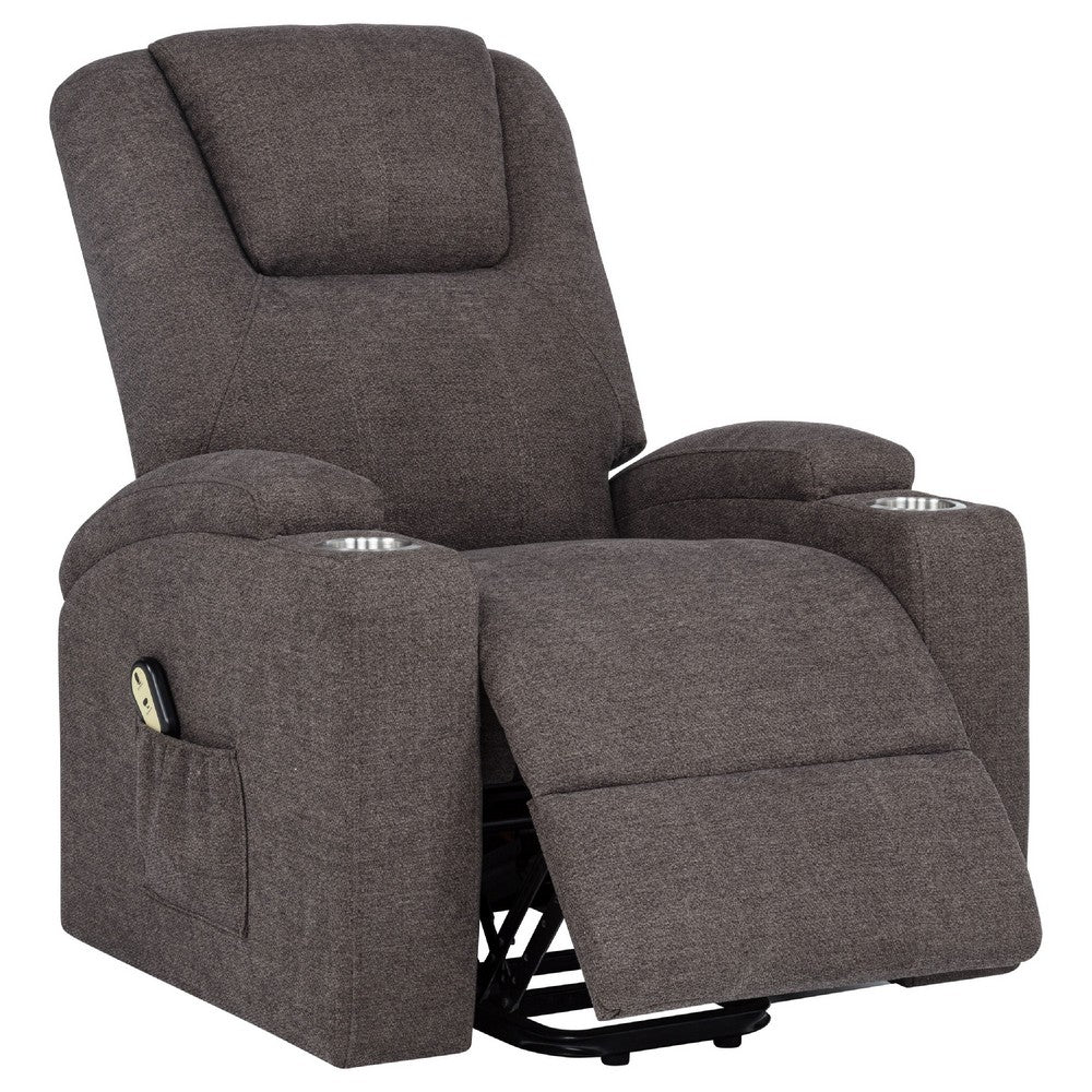 Louis Power Lift Massage Recliner Chair with Cup Holders | Brown Chenille