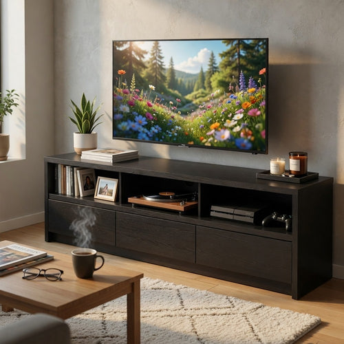 Rutvy TV St& Media Console with Open Shelves | Black Wood 78"