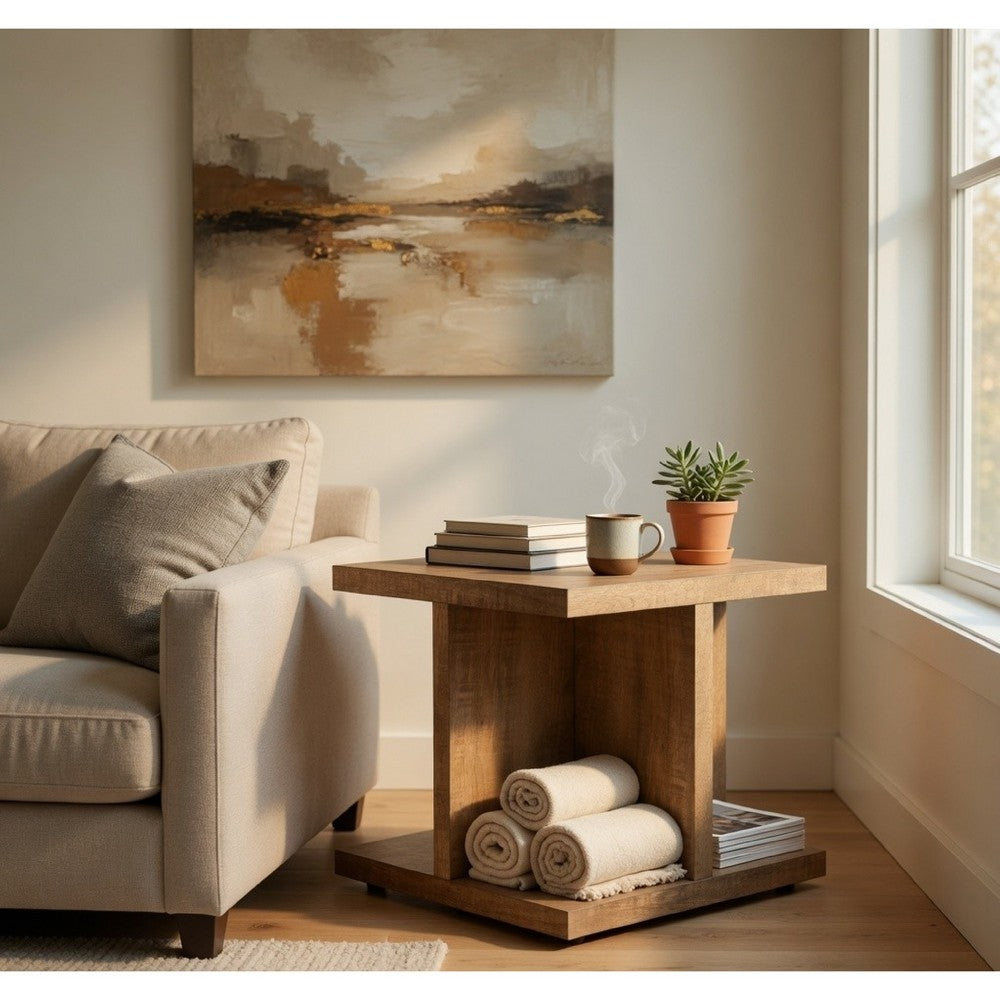 Chet Square End Table with Open Cube Base | Distressed Mango Wood 24"