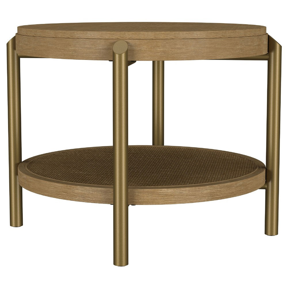 Fij Side End Table with Rattan Shelf | Brass Metal | Brown Wood 26"