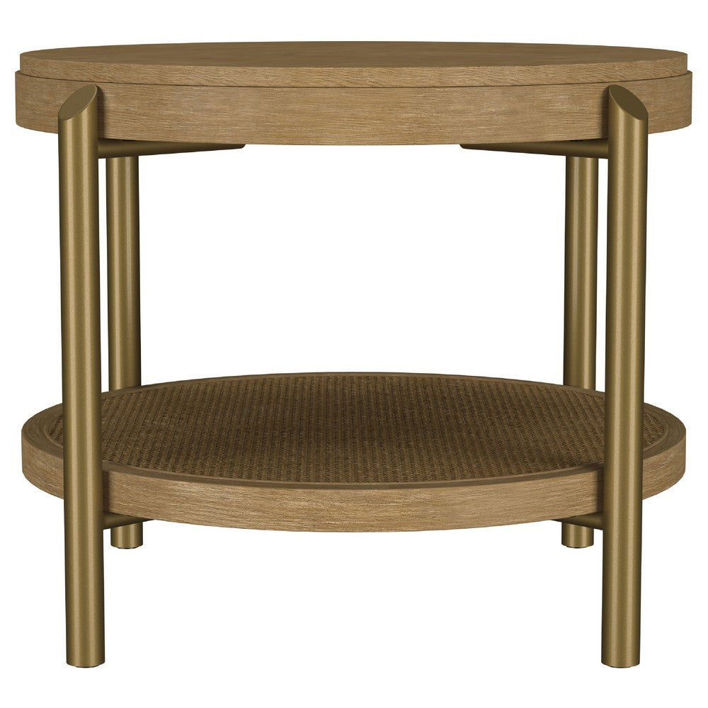 Fij Side End Table with Rattan Shelf | Brass Metal | Brown Wood 26"