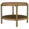 Fij Side End Table with Rattan Shelf | Brass Metal | Brown Wood 26"