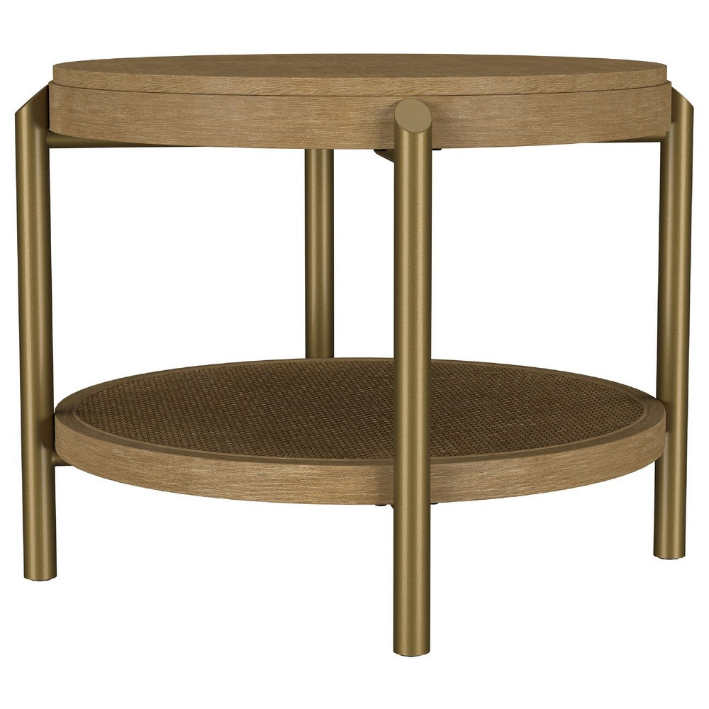 Fij Side End Table with Rattan Shelf | Brass Metal | Brown Wood 26"