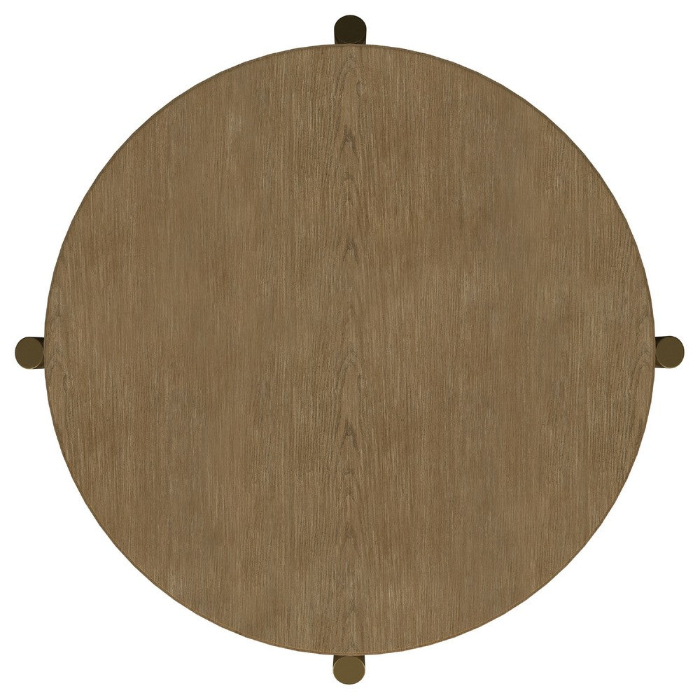 Fij Side End Table with Rattan Shelf | Brass Metal | Brown Wood 26"