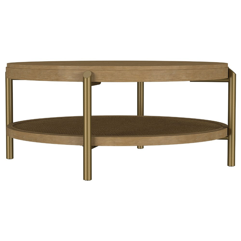 Fij Coffee Table | Natural Rattan Shelf | Brass Metal | Brown Wood 41"