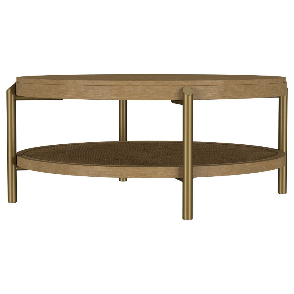 Fij Coffee Table | Natural Rattan Shelf | Brass Metal | Brown Wood 41"