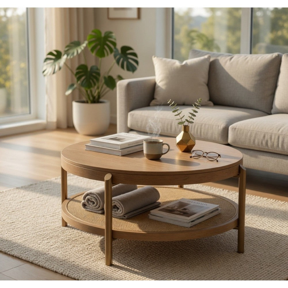 Fij Coffee Table | Natural Rattan Shelf | Brass Metal | Brown Wood 41"