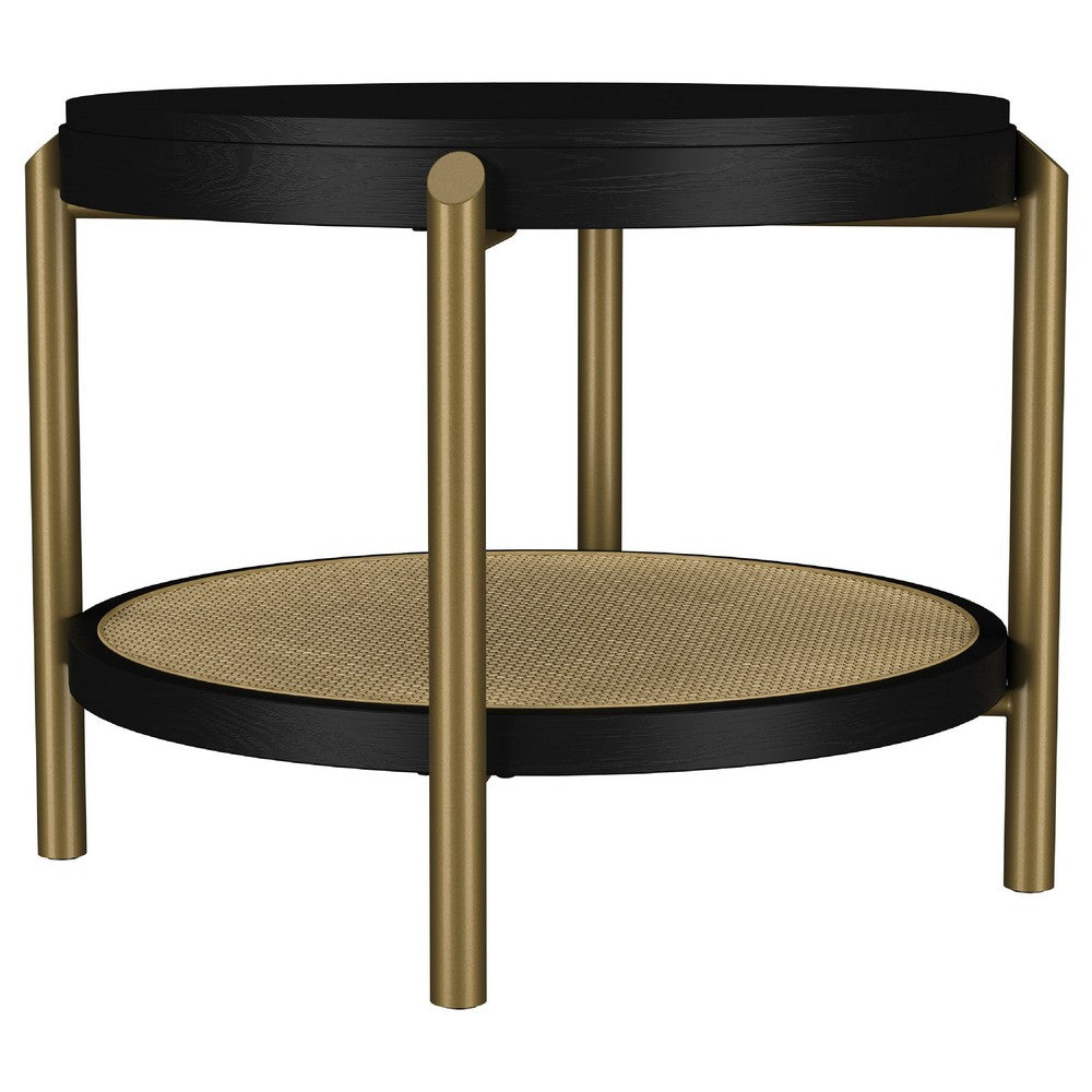 Fij Side End Table with Rattan Shelf | Brass Metal | Black Wood 26"