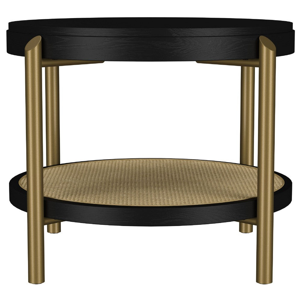 Fij Side End Table with Rattan Shelf | Brass Metal | Black Wood 26"