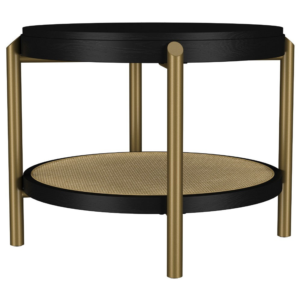Fij Side End Table with Rattan Shelf | Brass Metal | Black Wood 26"