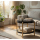 Fij Side End Table with Rattan Shelf | Brass Metal | Black Wood 26"