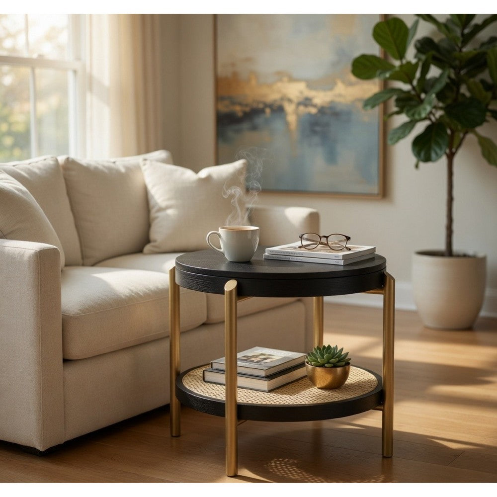 Fij Side End Table with Rattan Shelf | Brass Metal | Black Wood 26"
