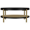 Fij Coffee Table with Rattan Shelf | Brass Metal | Black Wood 41"