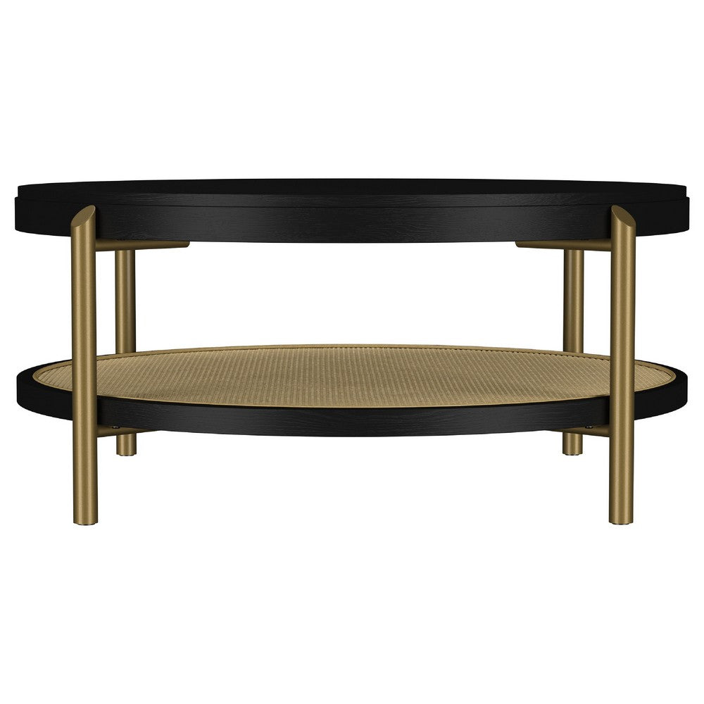 Fij Coffee Table with Rattan Shelf | Brass Metal | Black Wood 41"