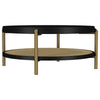 Fij Coffee Table with Rattan Shelf | Brass Metal | Black Wood 41"