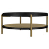 Fij Coffee Table with Rattan Shelf | Brass Metal | Black Wood 41"