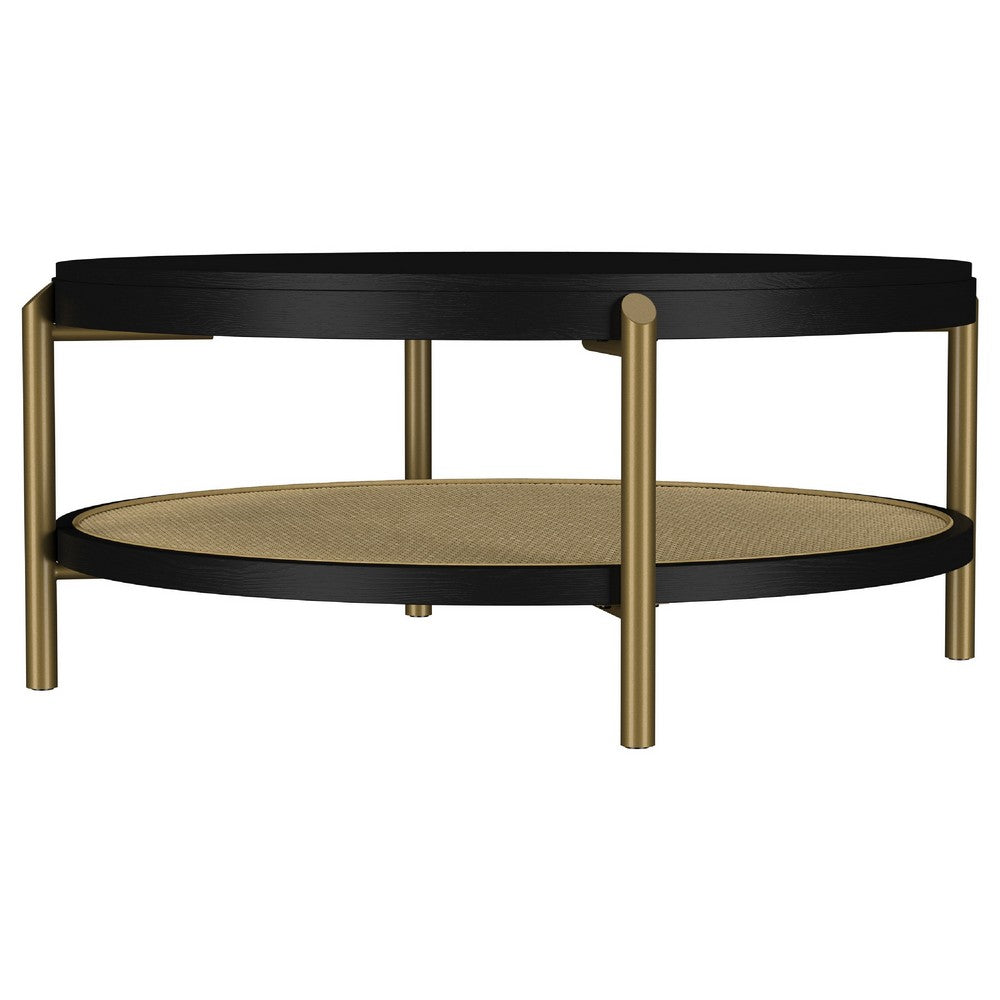 Fij Coffee Table with Rattan Shelf | Brass Metal | Black Wood 41"