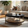 Fij Coffee Table with Rattan Shelf | Brass Metal | Black Wood 41"