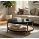 Fij Coffee Table with Rattan Shelf | Brass Metal | Black Wood 41"