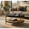 Fij Coffee Table with Rattan Shelf | Brass Metal | Black Wood 41"