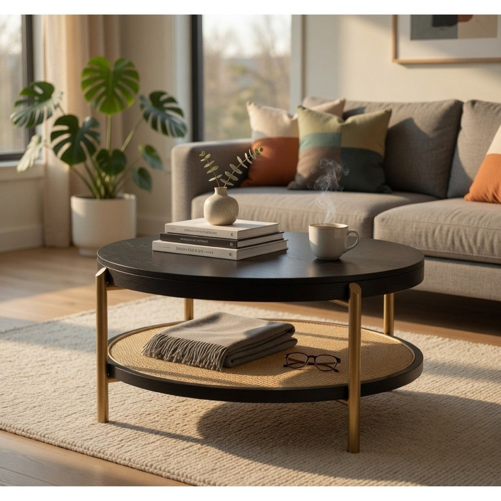 Fij Coffee Table with Rattan Shelf | Brass Metal | Black Wood 41"