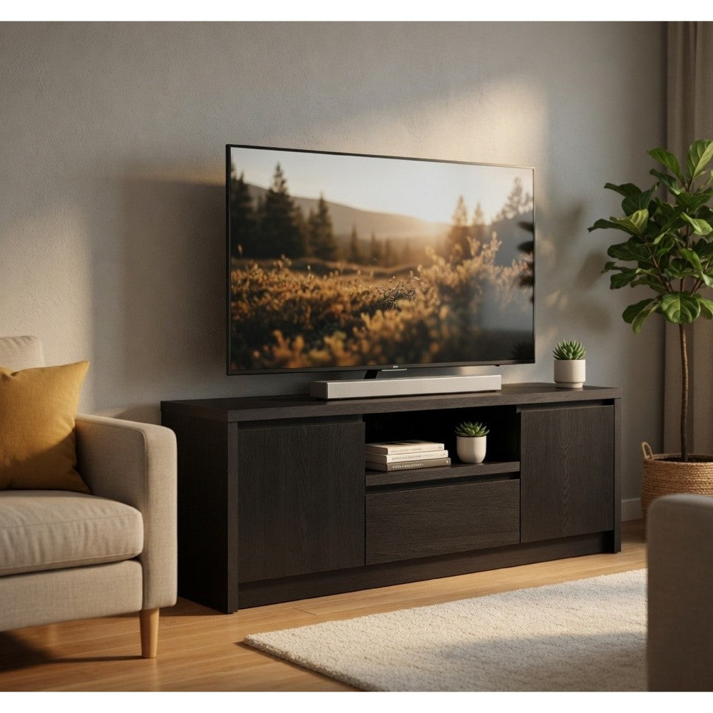 Winie TV St& Media Console | 2 Doors & Open Shelf | Black Wood 60"