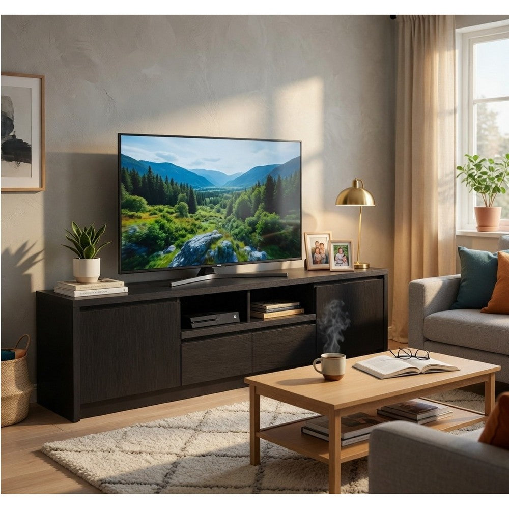 Winie TV St& Media Console | 2 Doors & Drawers | Black Wood 78"