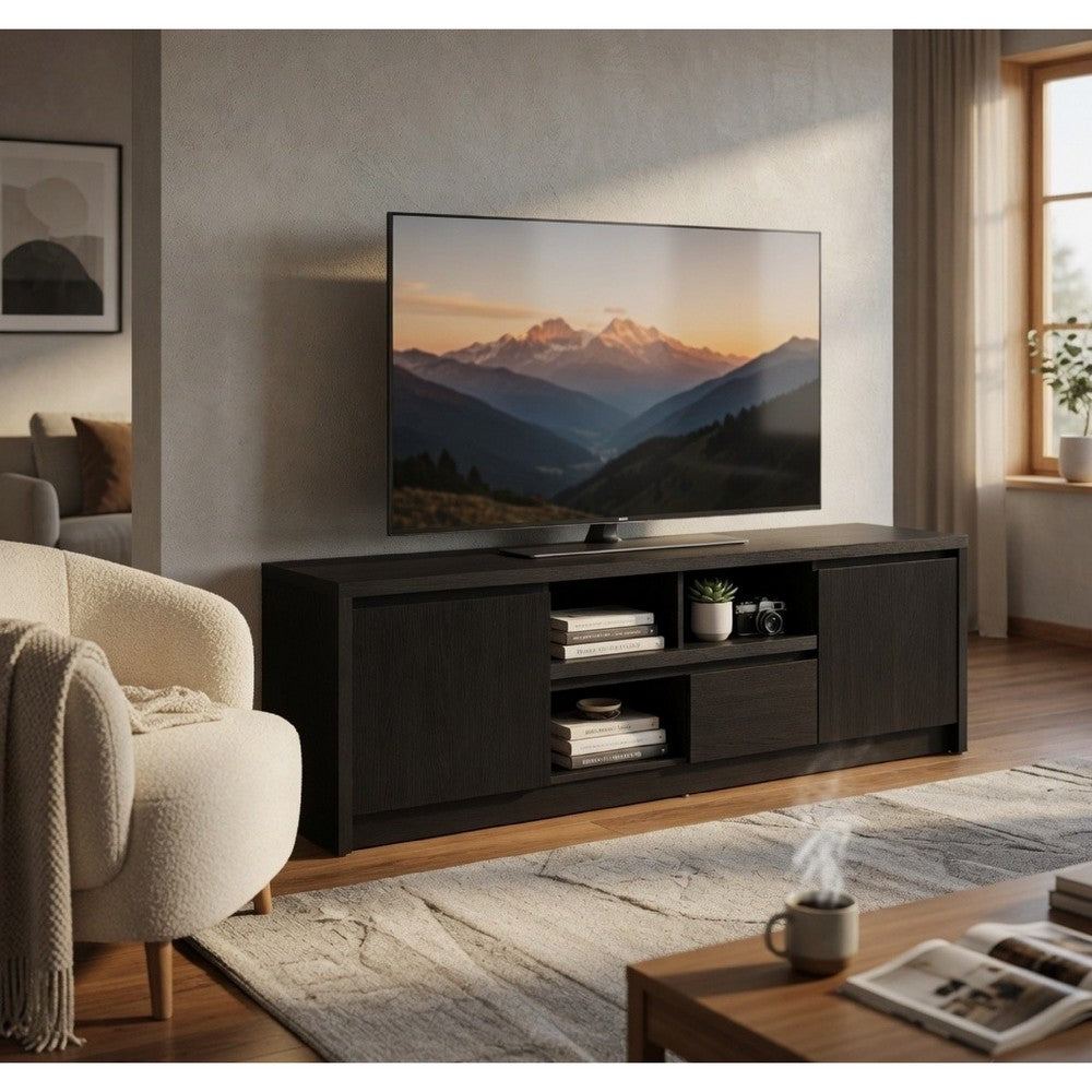 Winie TV St& Media Console | 2 Doors & Drawers | Black Wood 78"