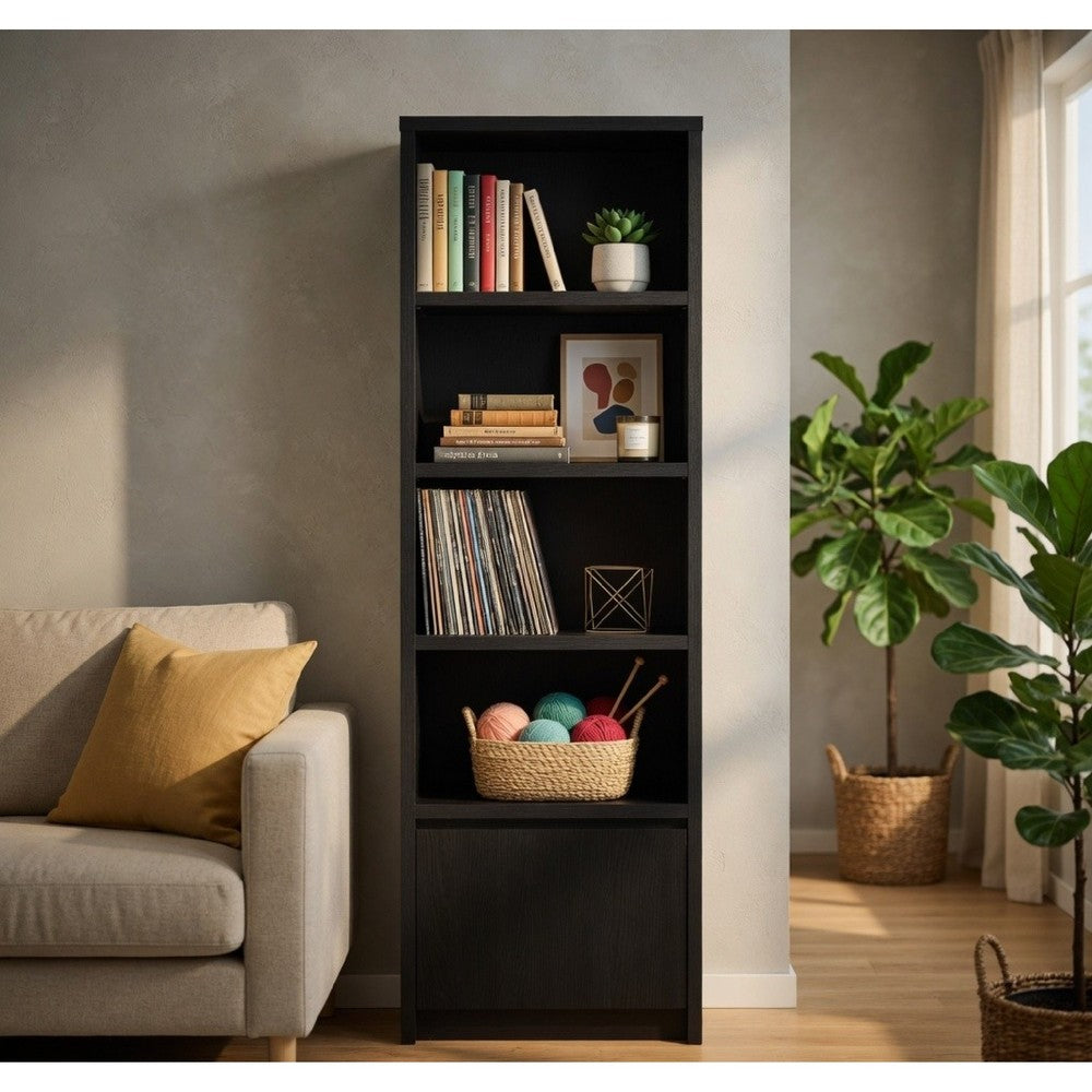 Winie Media Tower with Open Shelves & Cabinet | Black Wood 71"