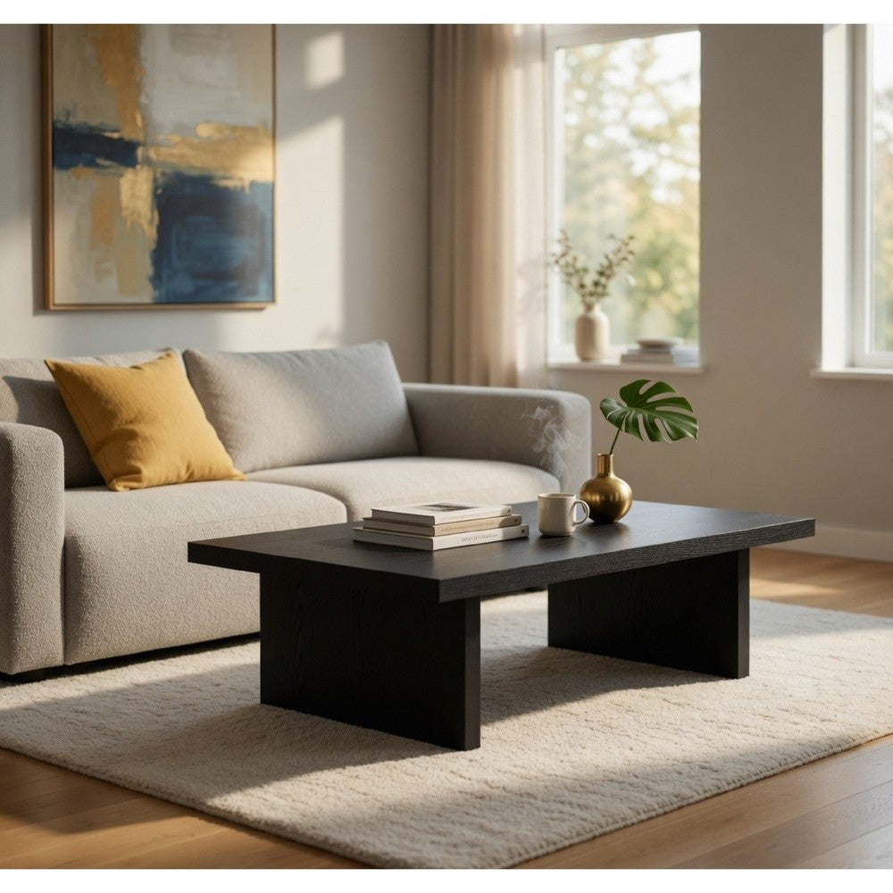 Maxy Rectangular Coffee Table with Slab-Style Base | Black Wood 54"