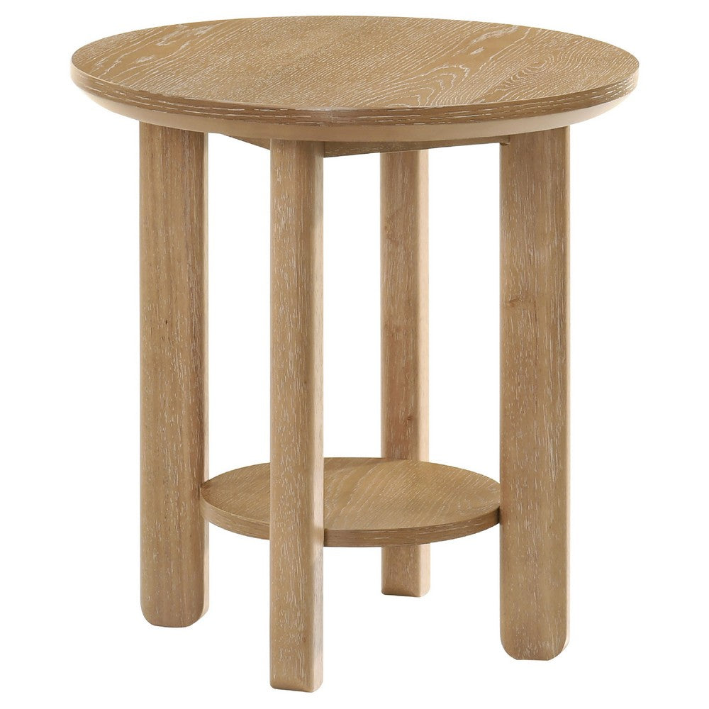 Clera Round Side End Table with Open Lower Shelf | Light Oak Wood 22"