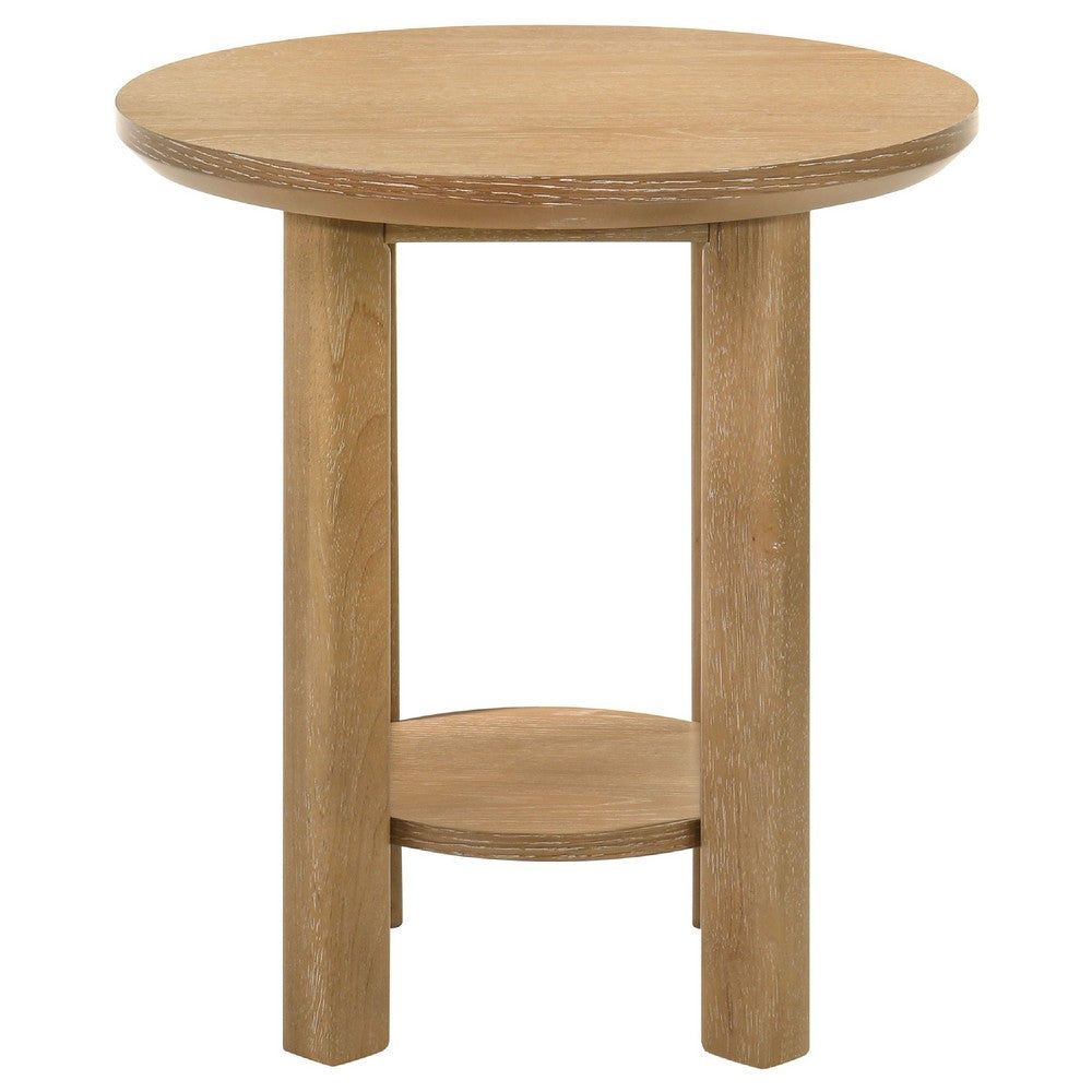 Clera Round Side End Table with Open Lower Shelf | Light Oak Wood 22"