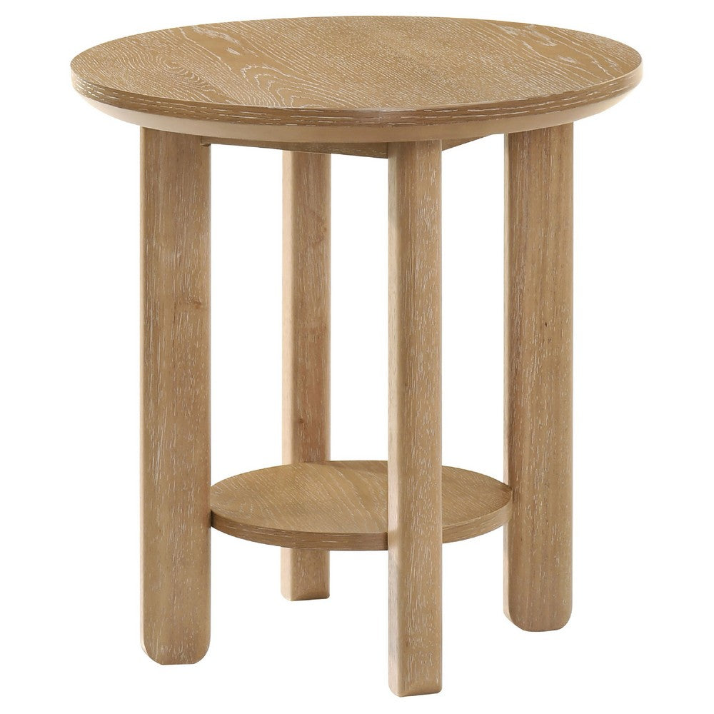 Clera Round Side End Table with Open Lower Shelf | Light Oak Wood 22"
