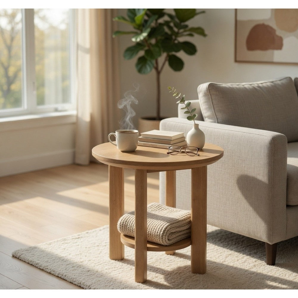 Clera Round Side End Table with Open Lower Shelf | Light Oak Wood 22"