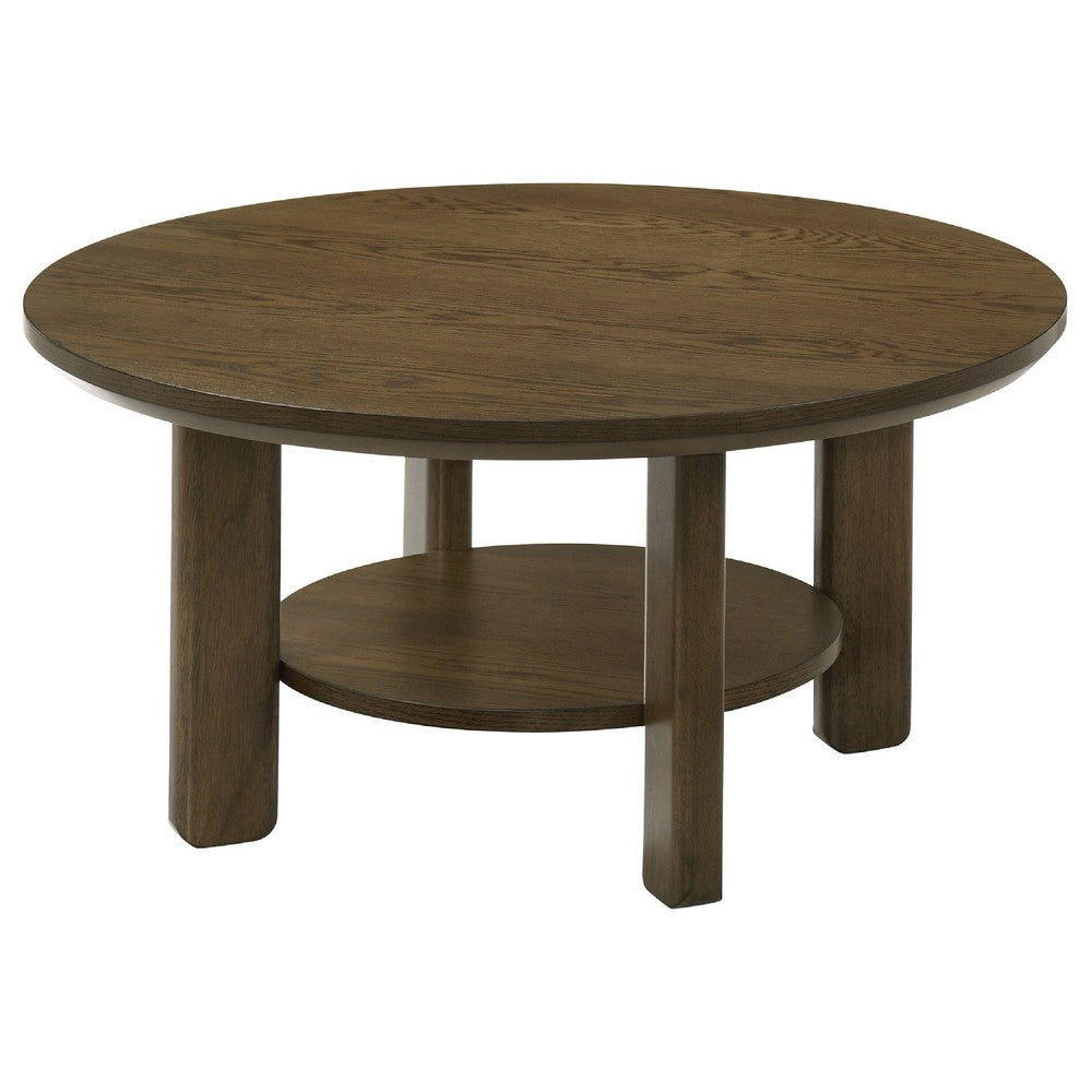 Clera Round Accent Side End Table with Open Shelf | Light Oak Wood 36"