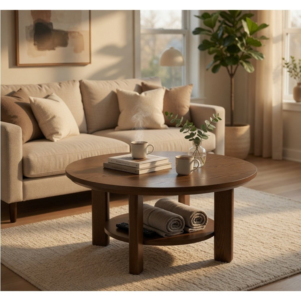 Clera Round Accent Side End Table with Open Shelf | Light Oak Wood 36"