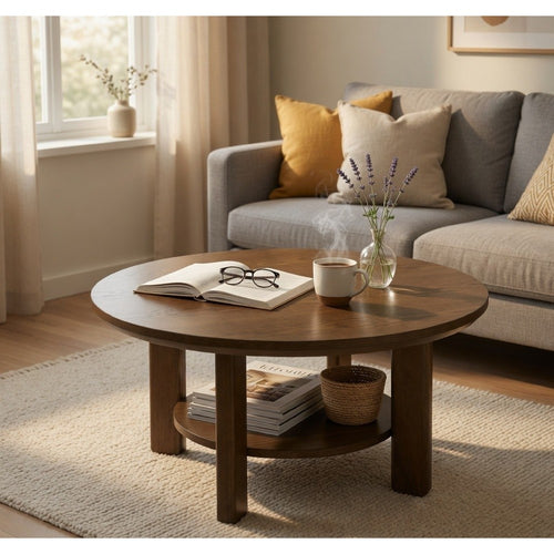 Clera Round Accent Side End Table with Open Shelf | Light Oak Wood 36"