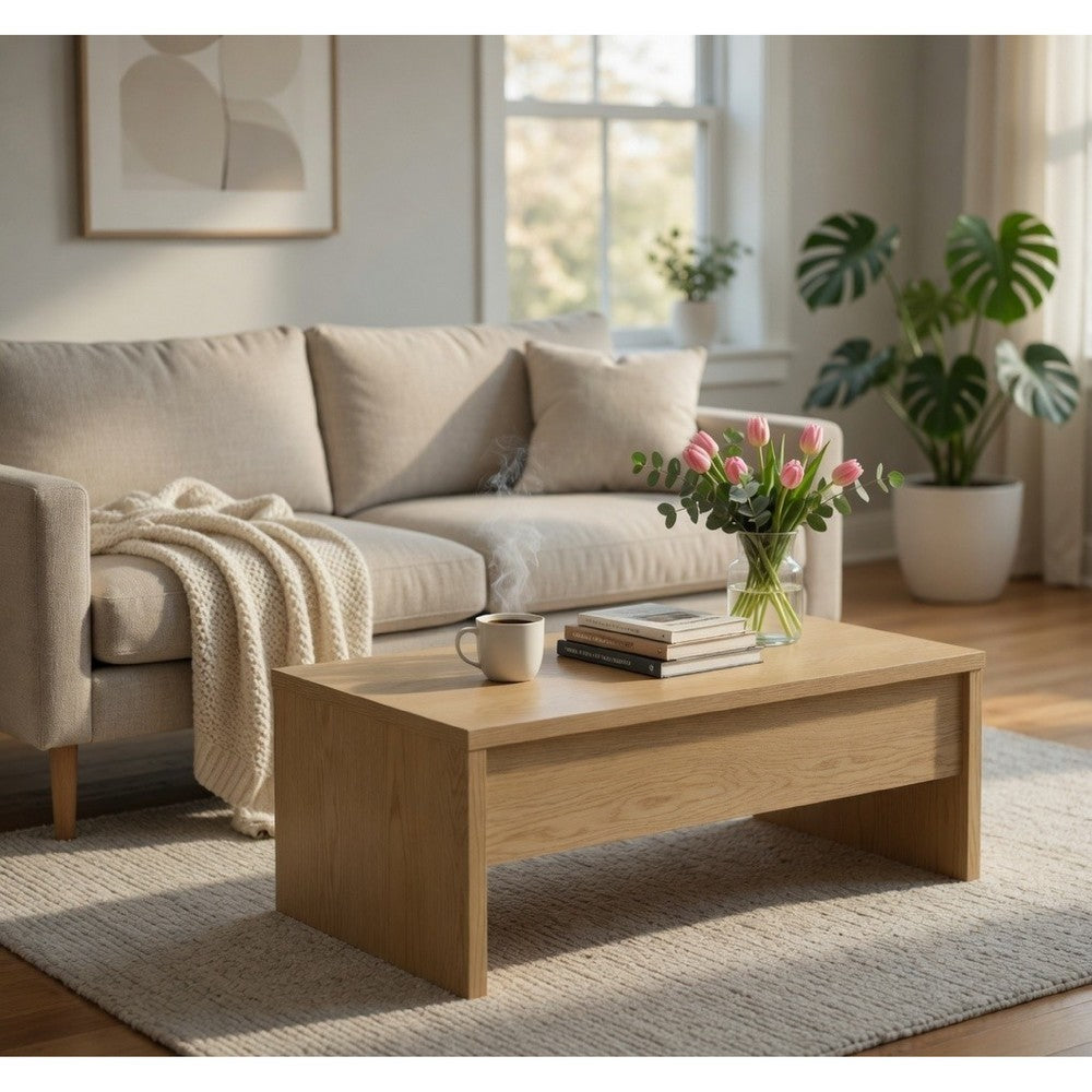 Kerra Lift-Top Coffee Table with Hidden Storage | Light Oak Wood 47"