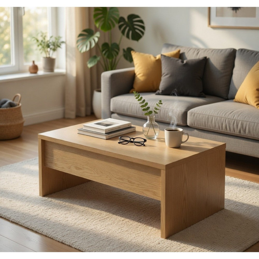 Kerra Lift-Top Coffee Table with Hidden Storage | Light Oak Wood 47"