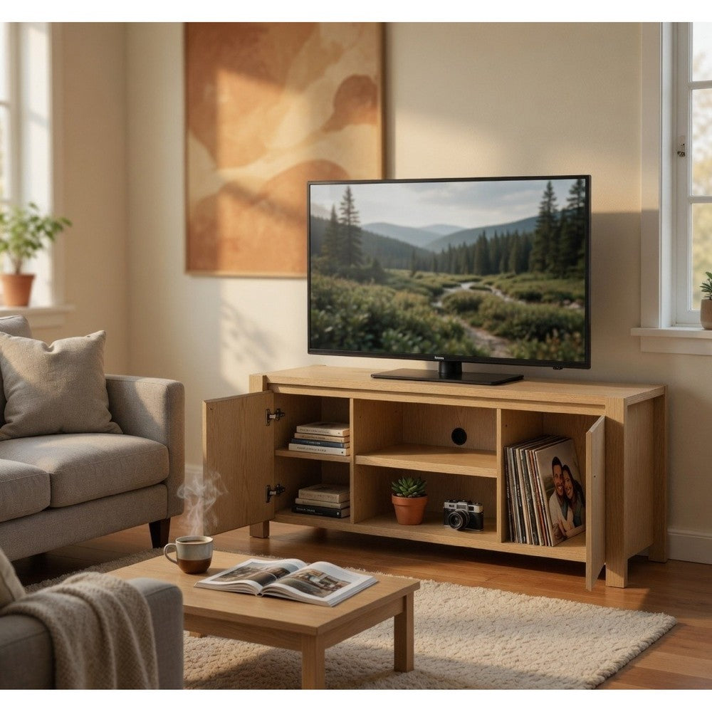 Laury TV St& Media Console with Open Shelves | Light Oak Wood 60"