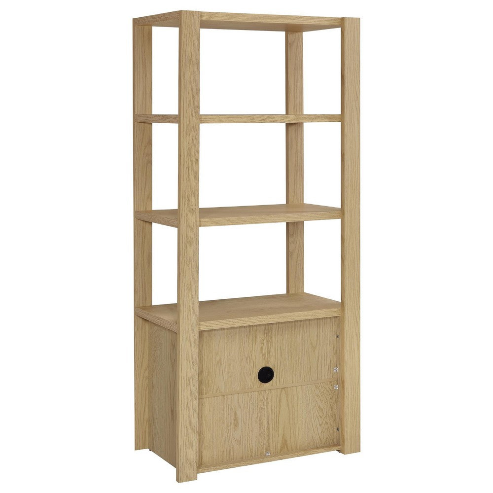 Laury Media Tower with 3 Open Shelves | 2 Cabinet Doors | Light Oak Wood