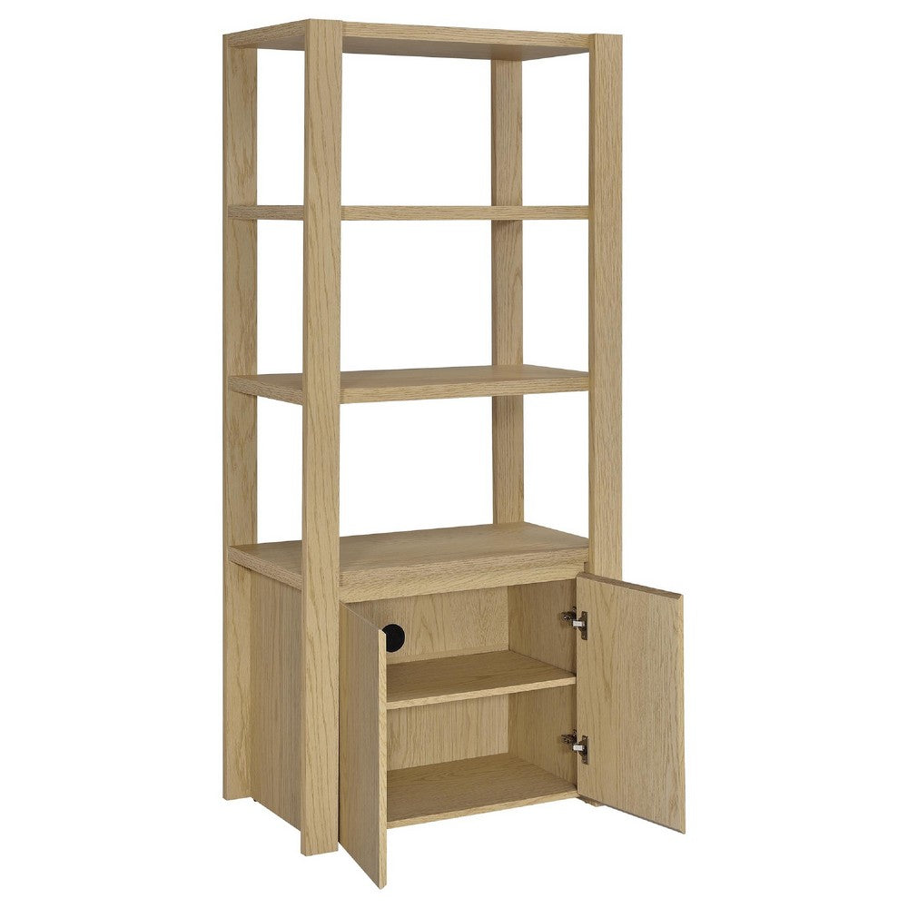 Laury Media Tower with 3 Open Shelves | 2 Cabinet Doors | Light Oak Wood