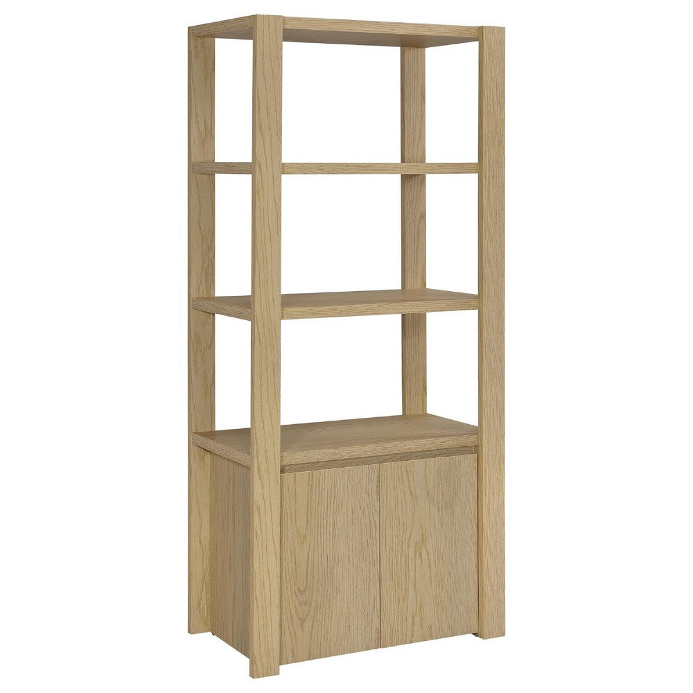 Laury Media Tower with 3 Open Shelves | 2 Cabinet Doors | Light Oak Wood