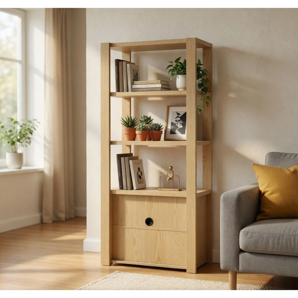 Laury Media Tower with 3 Open Shelves | 2 Cabinet Doors | Light Oak Wood
