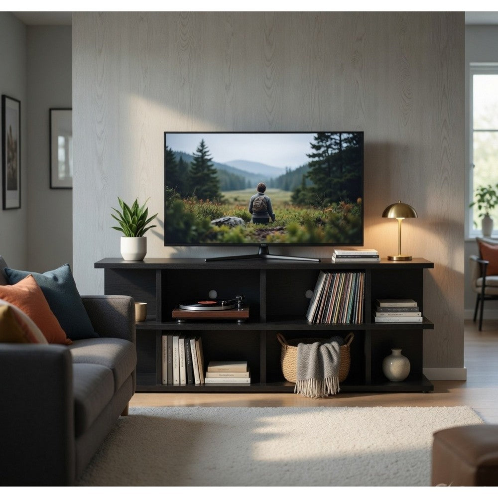 Carie TV St& Media Console | 2-Tier Open Shelves | Black Wood 78"