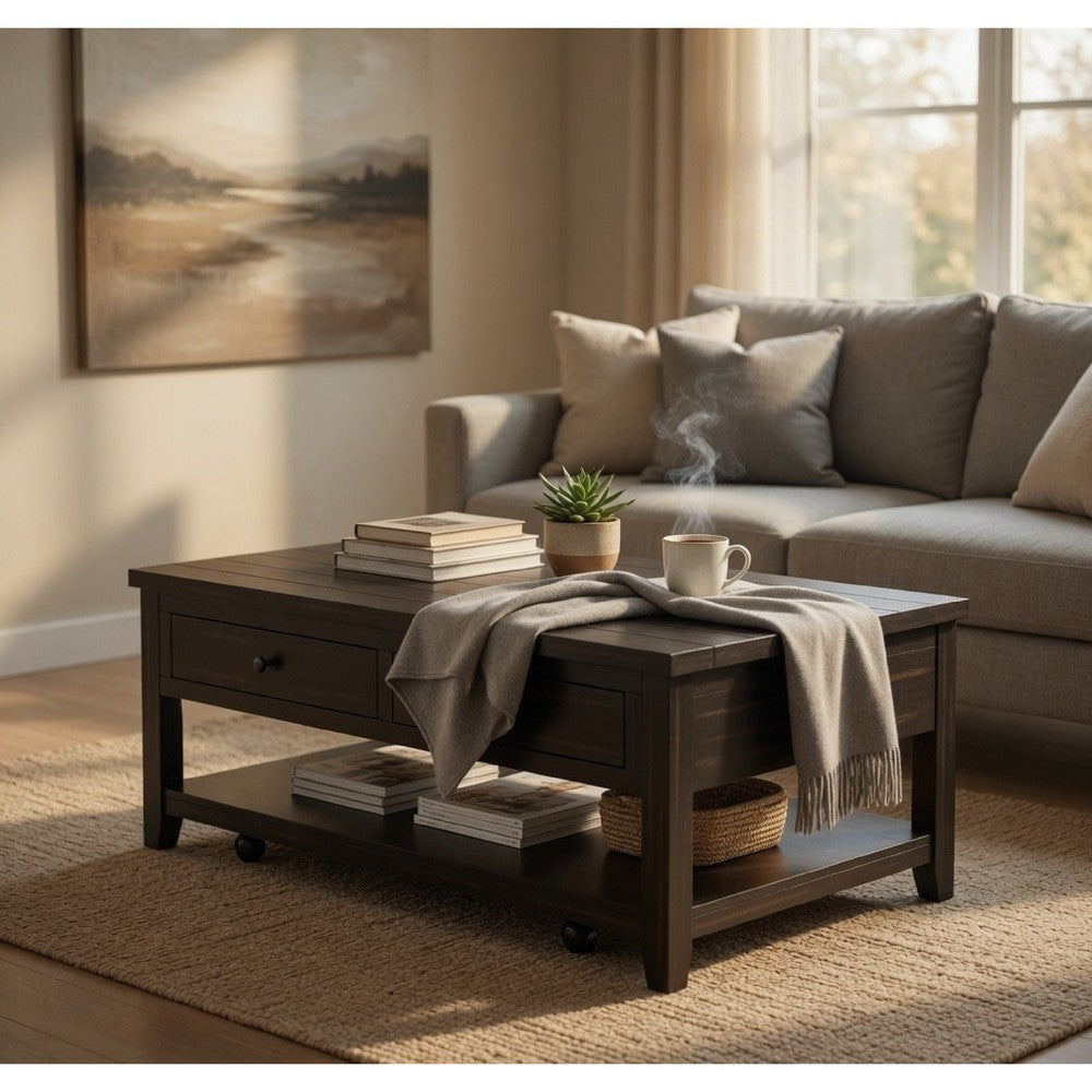 Ayne Lift-Top Coffee Table | Storage & Casters | Distressed Java Wood 48"